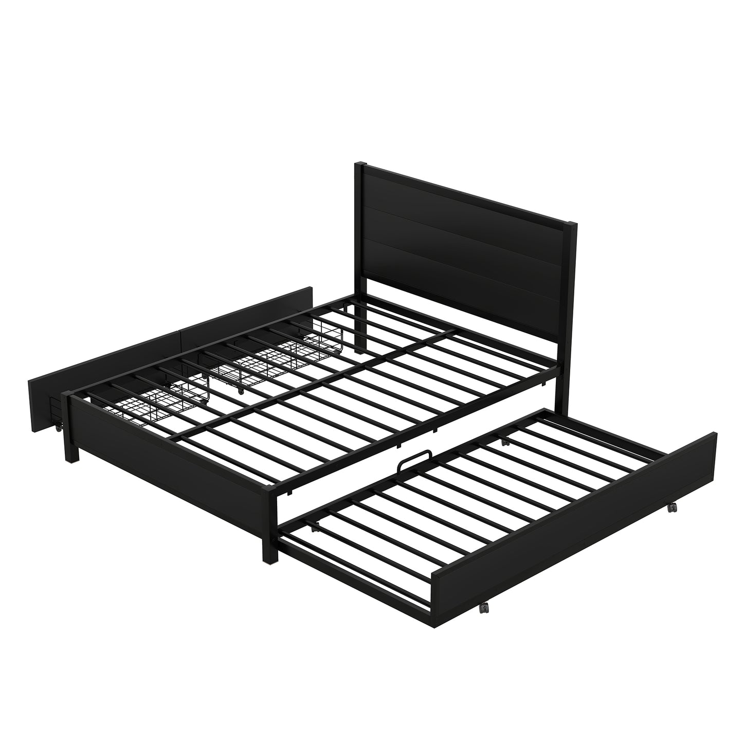 Metal Full Size Storage Platform Bed with Twin Size Trundle and 2 Drawers, Black