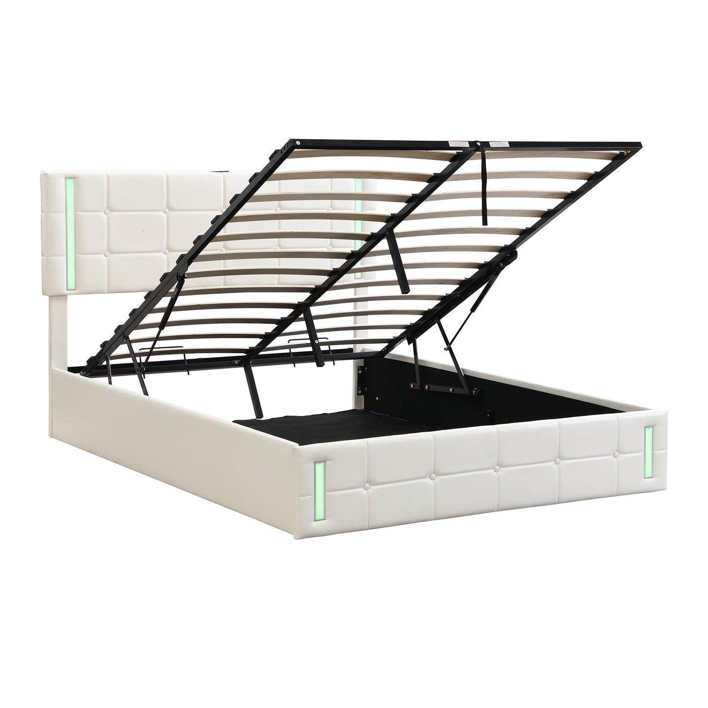 Full Size Upholstered Bed with LED Lights,Hydraulic Storage System and USB Charging Station,White