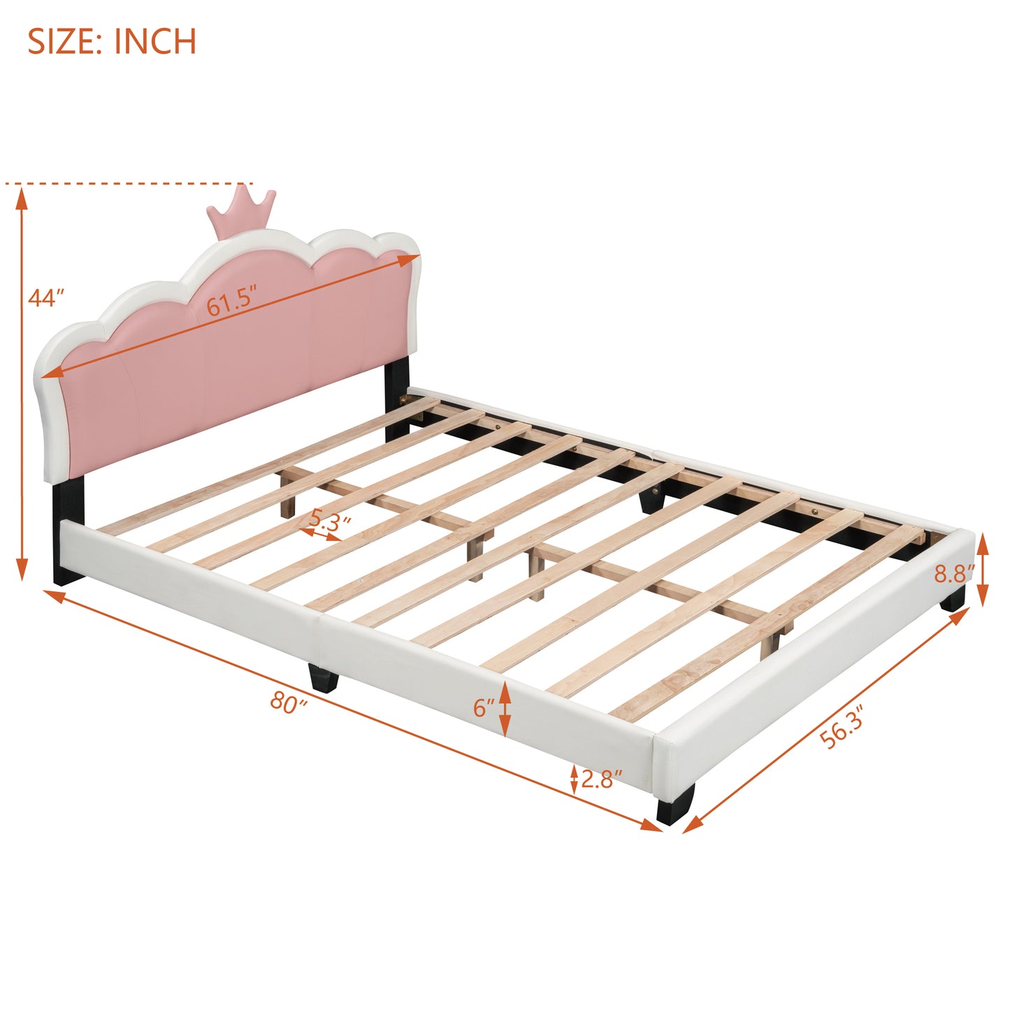 Full size Upholstered Princess Bed With Crown Headboard,Full Size Platform Bed with Headboard and Footboard, White+Pink