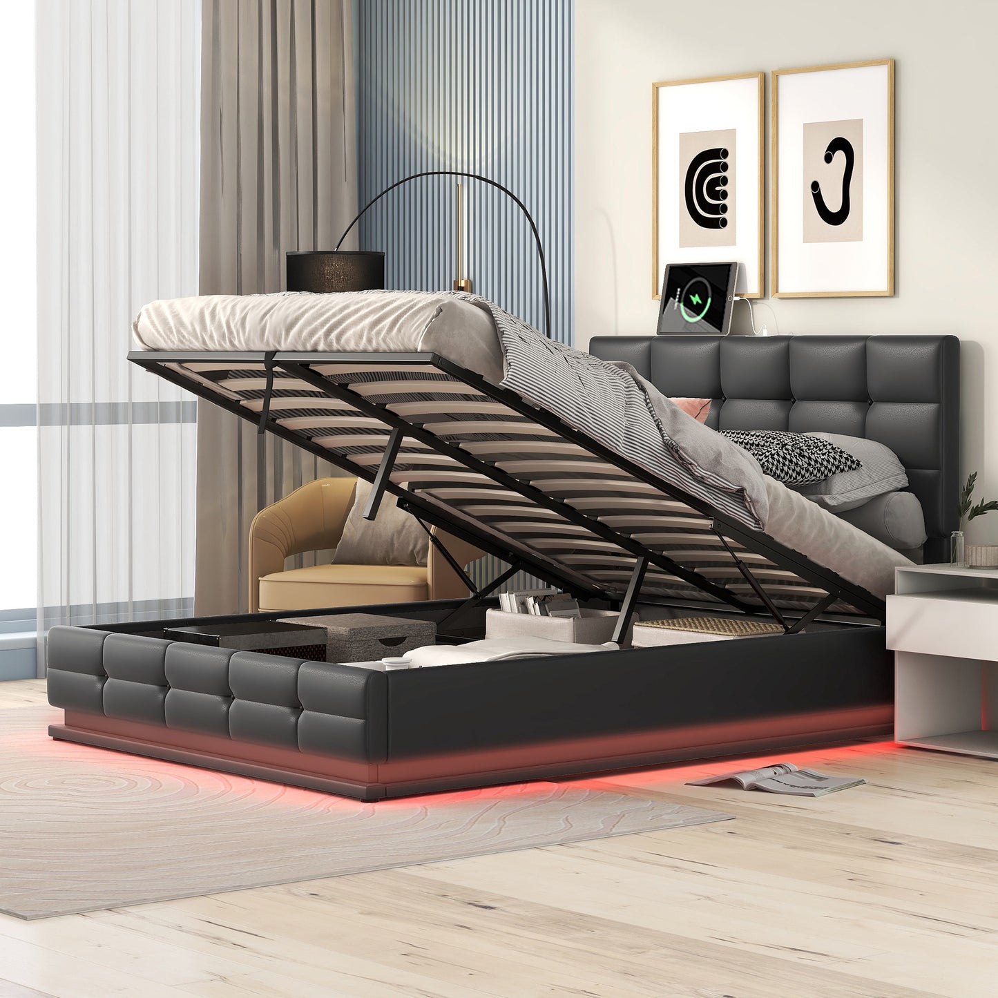 Full Size Tufted Upholstered Platform Bed with Hydraulic Storage System,PU Storage Bed with LED Lights and USB charger, Black