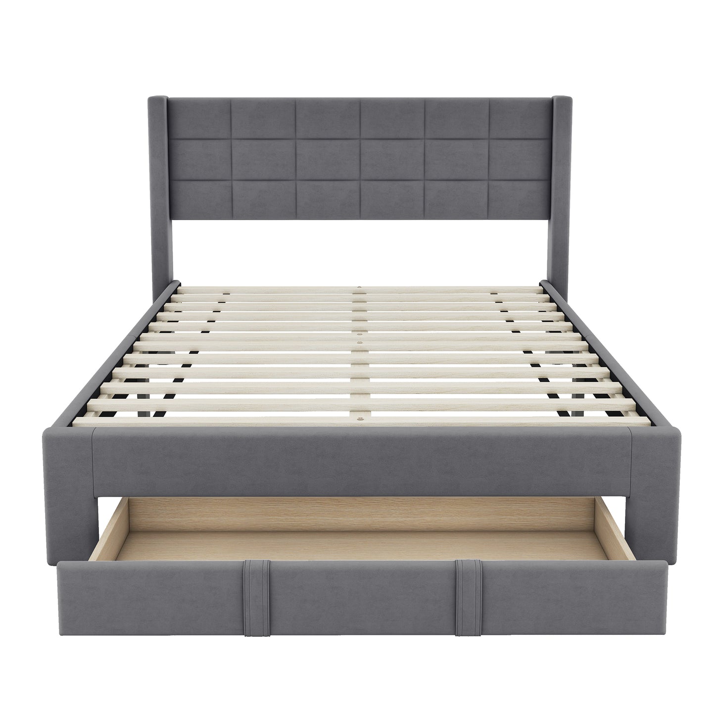 Queen Size Upholstered Platform Bed with A Big Drawer, Gray