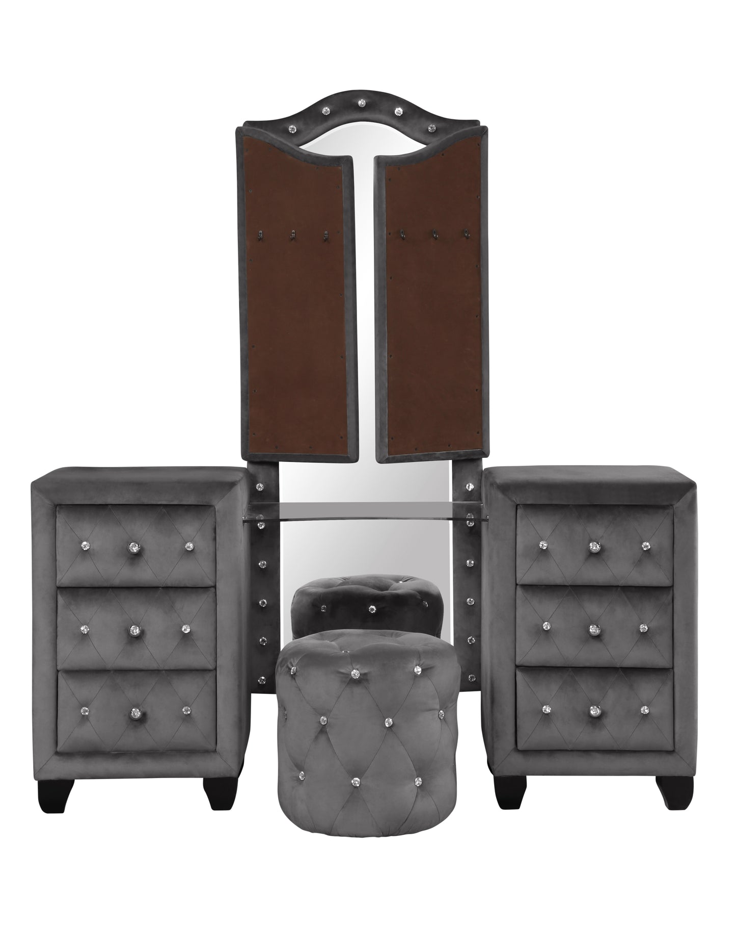 Queen 5 Pc Vanity Bedroom Set Made With Wood In Gray Color