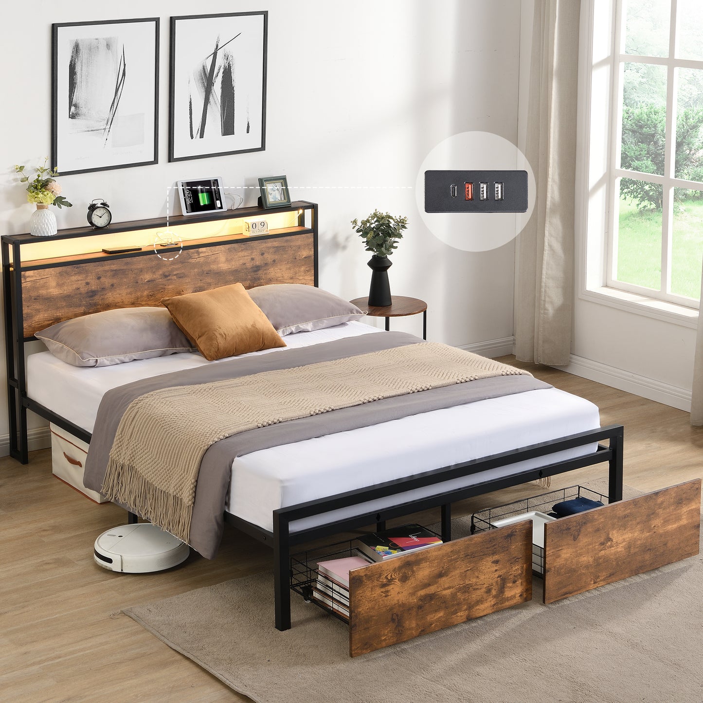 Full Size Bed Frame with Storage Headboard and 2 Drawers, LED Lights Bed with Charging Station, Metal Platform Bed No Noise, Mattress Foundation Strong Metal Slats Support No Box Spring Needed