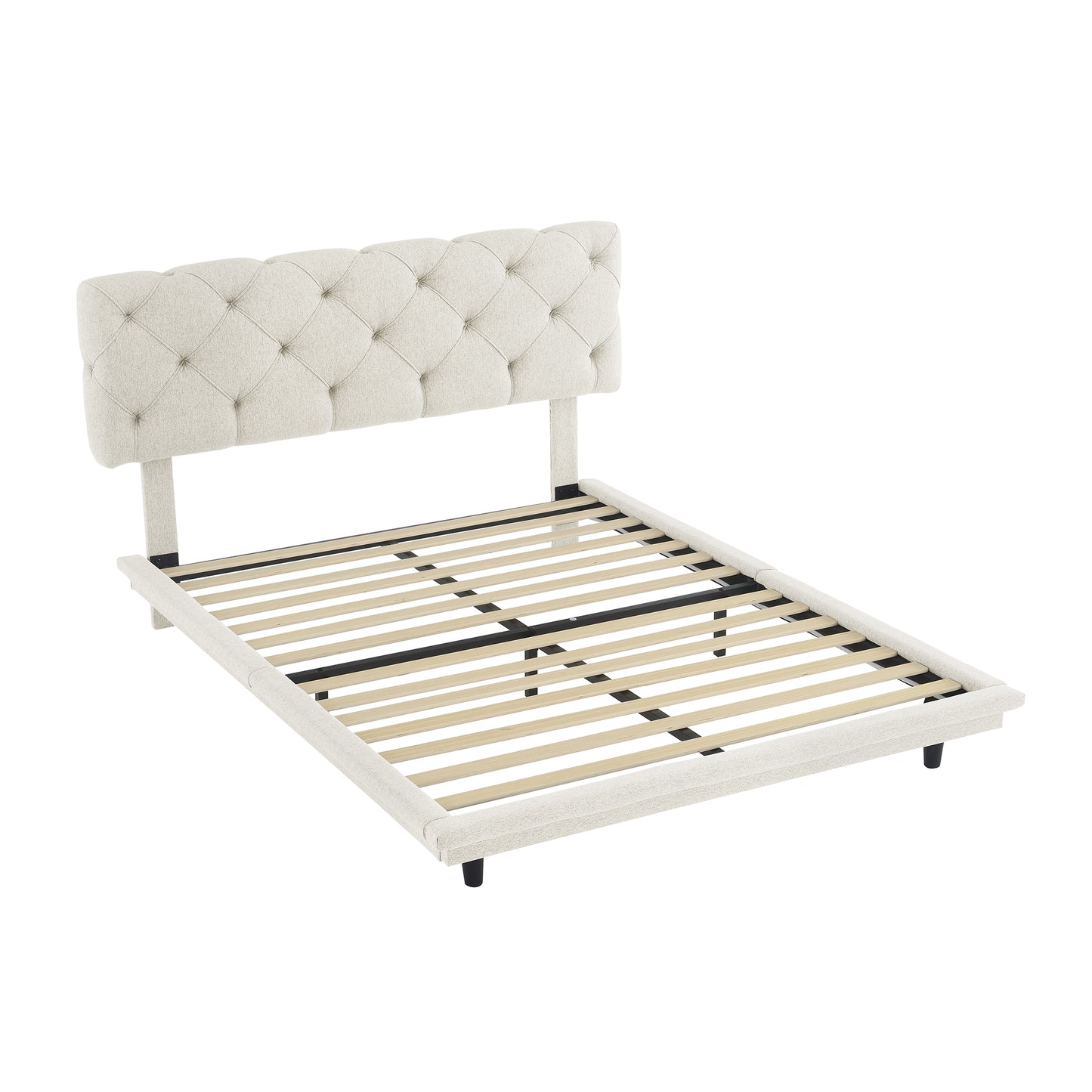 Lit rembourré pleine grandeur avec rayures claires, lit plateforme flottant, tissu en lin, beige