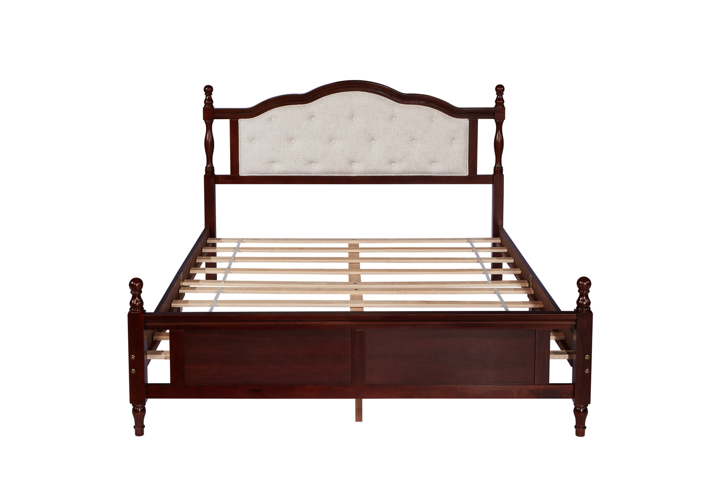 Queen Pine wooden Bed with Upholstered Headboard  and Panel Footboard, with  Two Bed Rail Support Feet and Central Platform Support Feet ,Classic Cherry