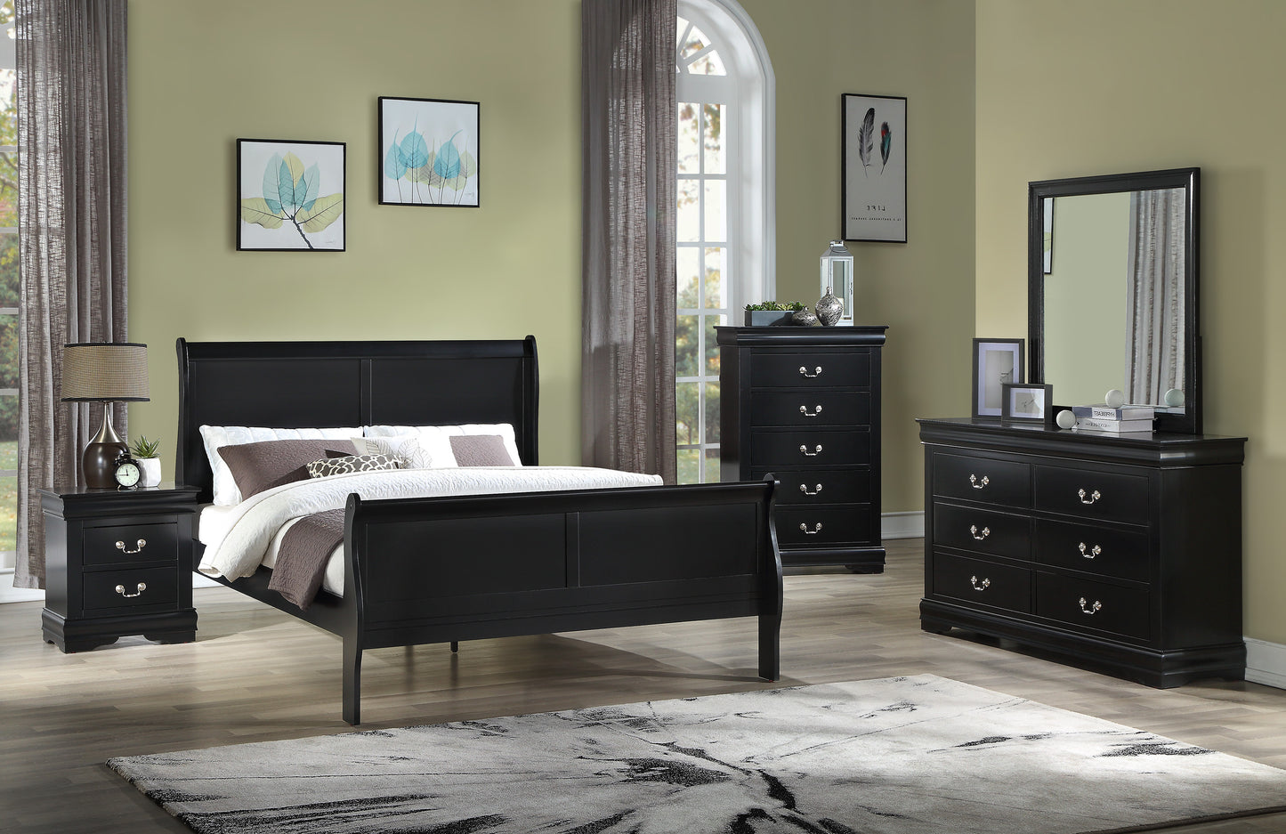 Louis Phillipe Brown Black Finish Full Size Panel Sleigh Bed Solid Wood Wooden Bedroom Furniture