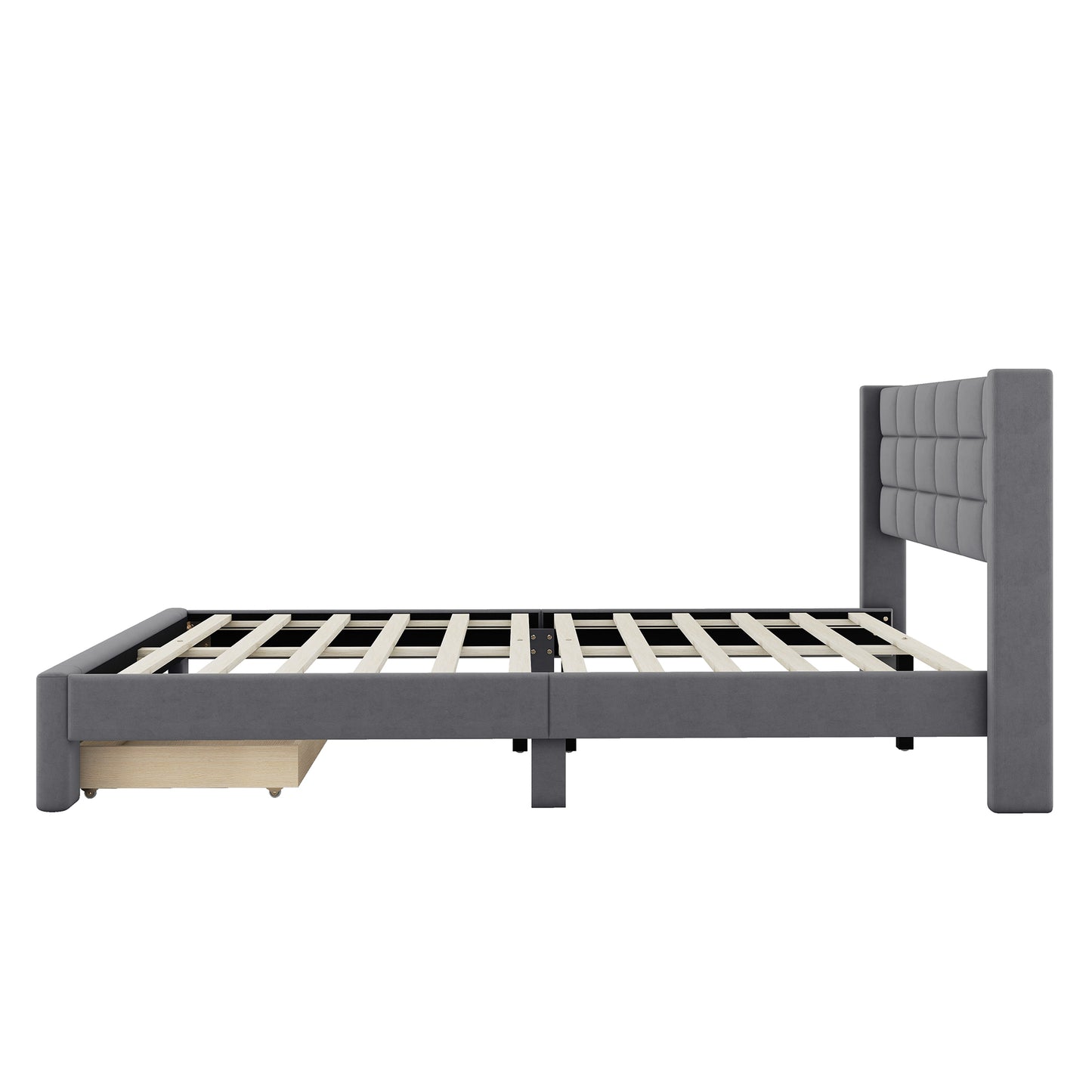 Queen Size Upholstered Platform Bed with A Big Drawer, Gray