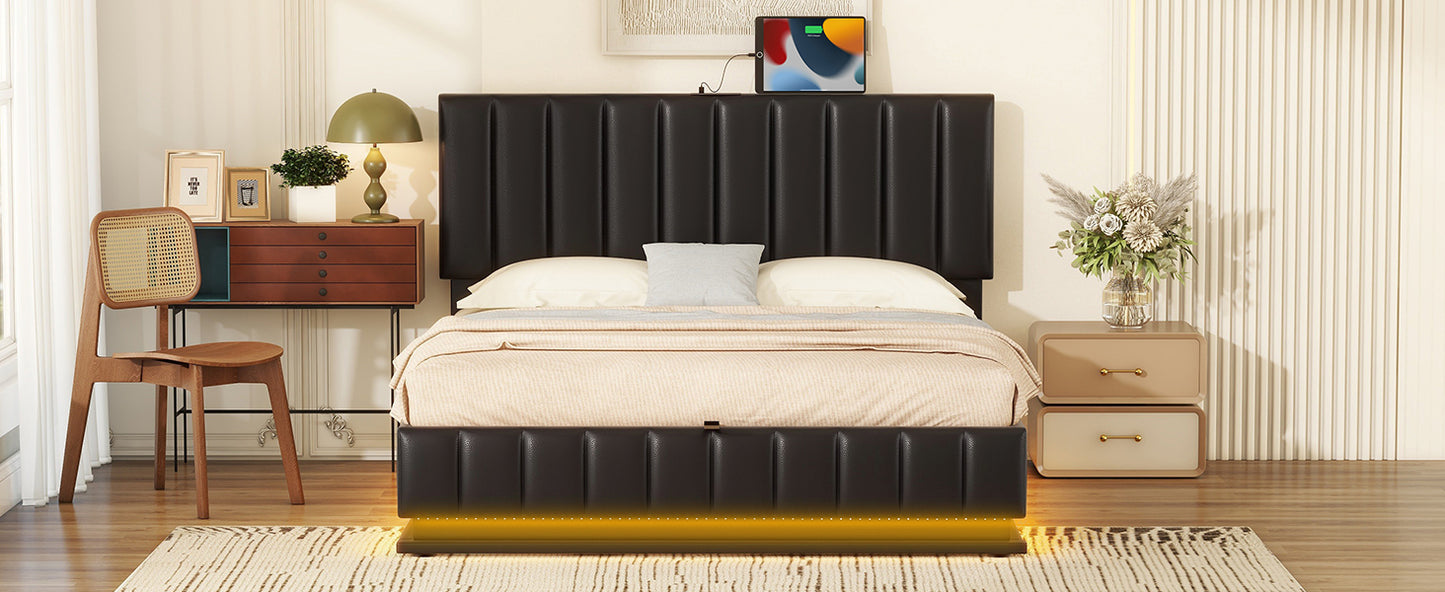 Queen Size Upholstered Bed with Hydraulic Storage System and LED Light, Modern Platform Bed with Sockets and USB Ports, Black