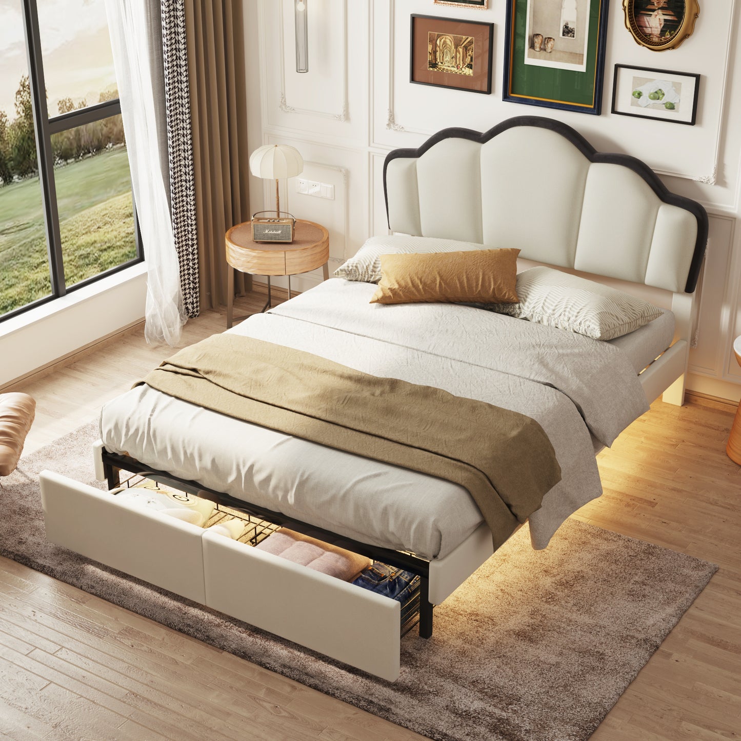 Full Size Upholstered Princess Platform Bed with LED and 2 Storage Drawers, Beige