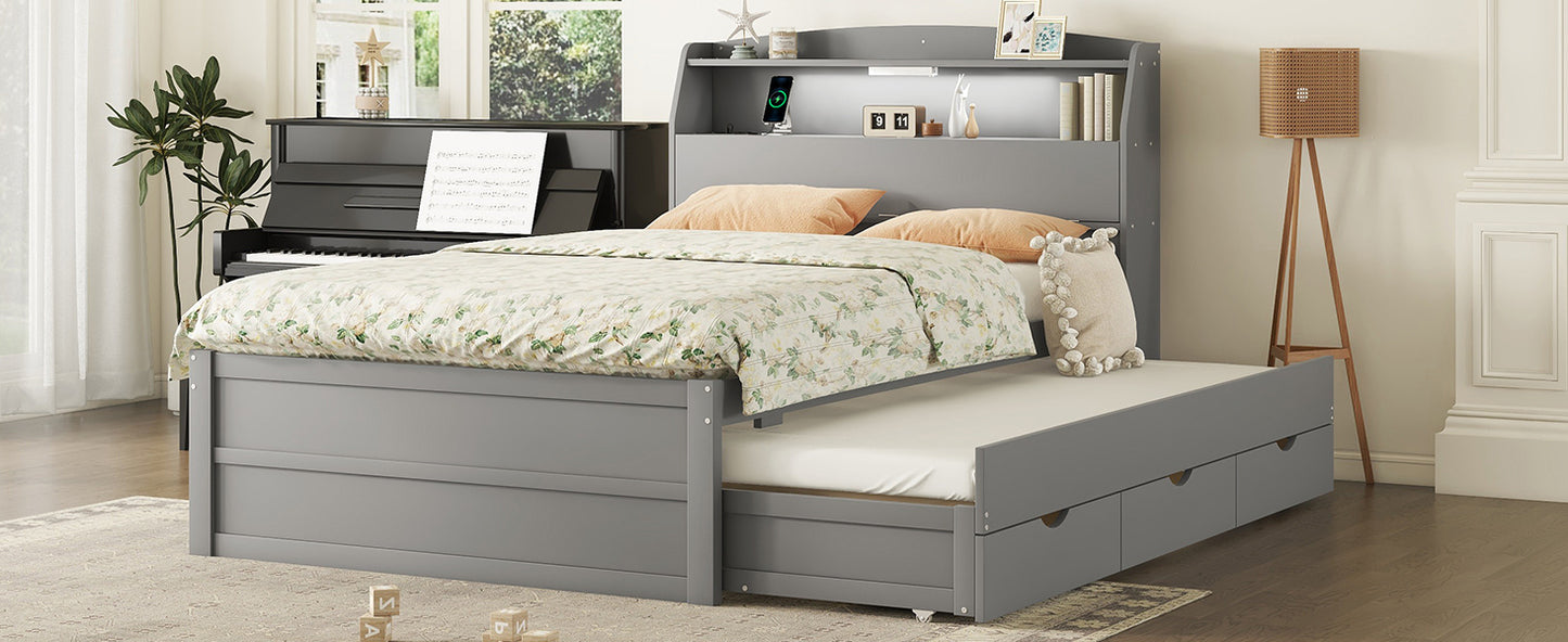 Full Size Wooden LED Platform Bed with Trundle, with Storage Headboard, with Drawers, Gray