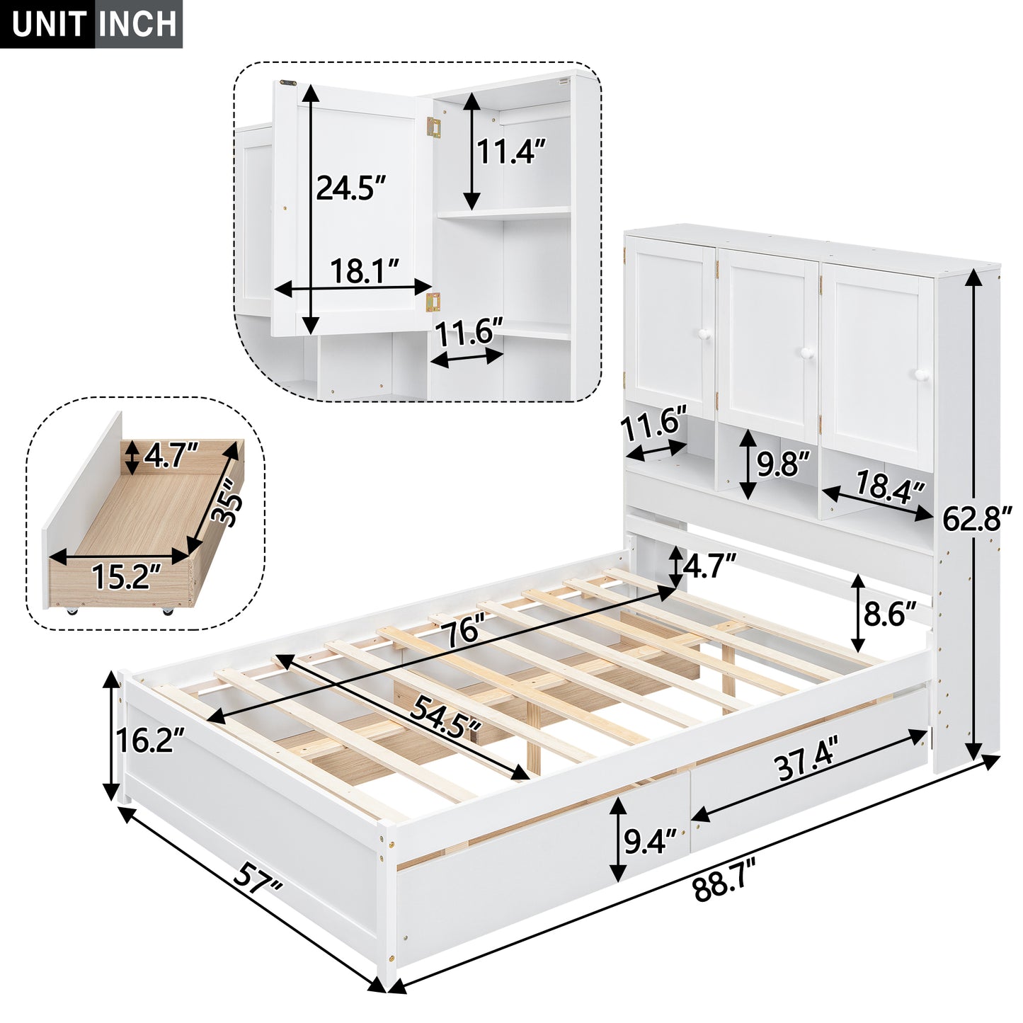 Lit plateforme pleine grandeur avec tête de lit avec rangement et 4 tiroirs, blanc