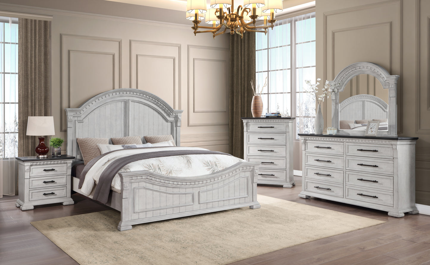 Transitional Style Queen Bed Made with Wood in Antique White