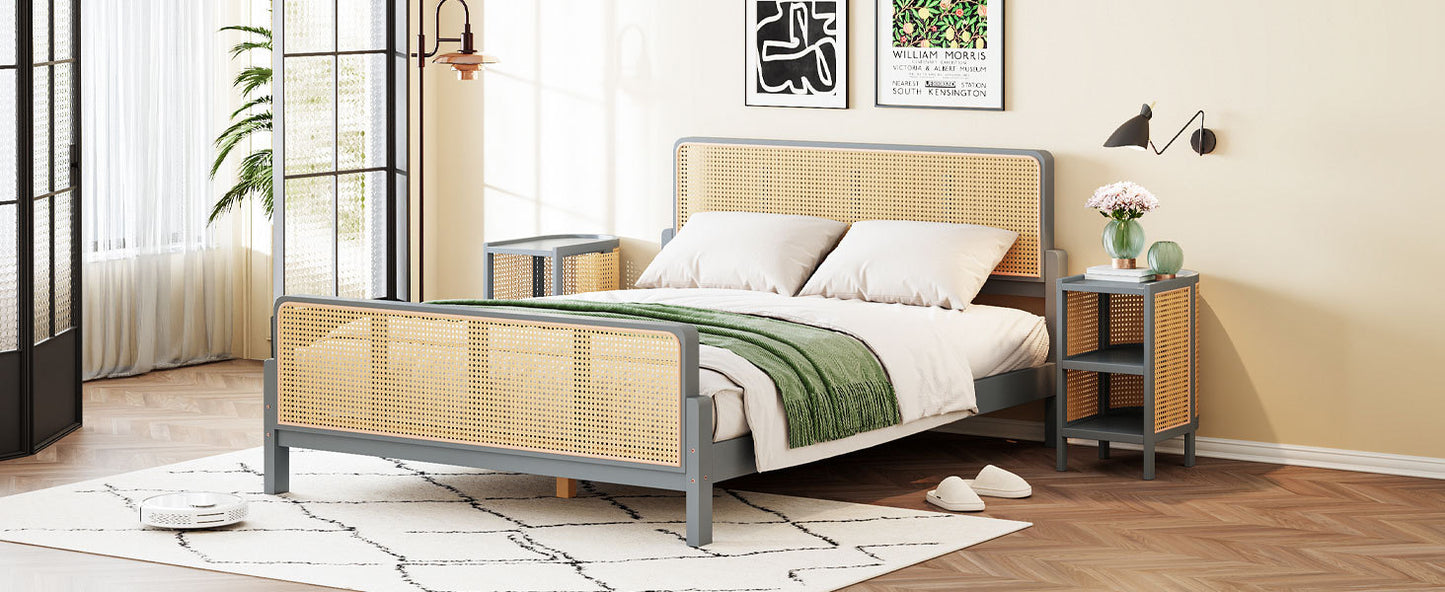 3 Pieces Rattan Platform Full Size Bed With 2 Nightstands,Gray