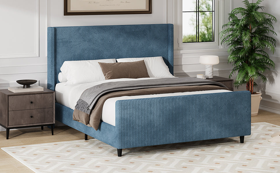 50.7'' High Headboard Corduroy Upholstered Bed Frame with Vertical Stripe Wingback and High Footboard No Box Spring Needed, Queen Size, Blue