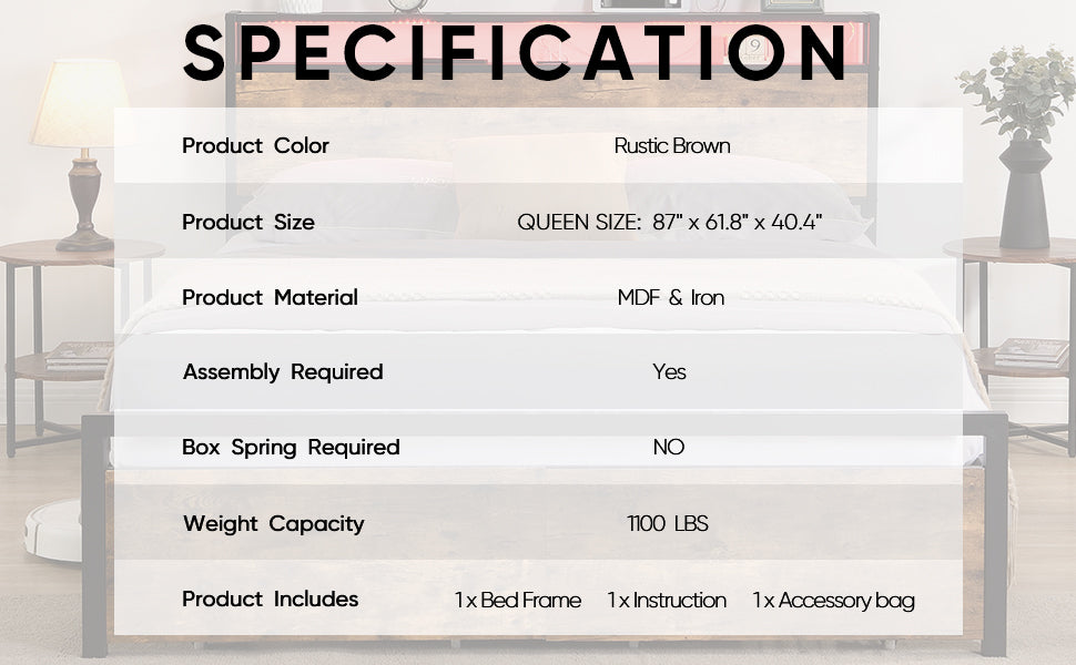 Cadre de lit Queen Size avec tête de lit de rangement et 2 tiroirs, lit à lumières LED avec station de charge, lit plateforme en métal sans bruit, sommier à lattes métalliques solides, aucun sommier nécessaire