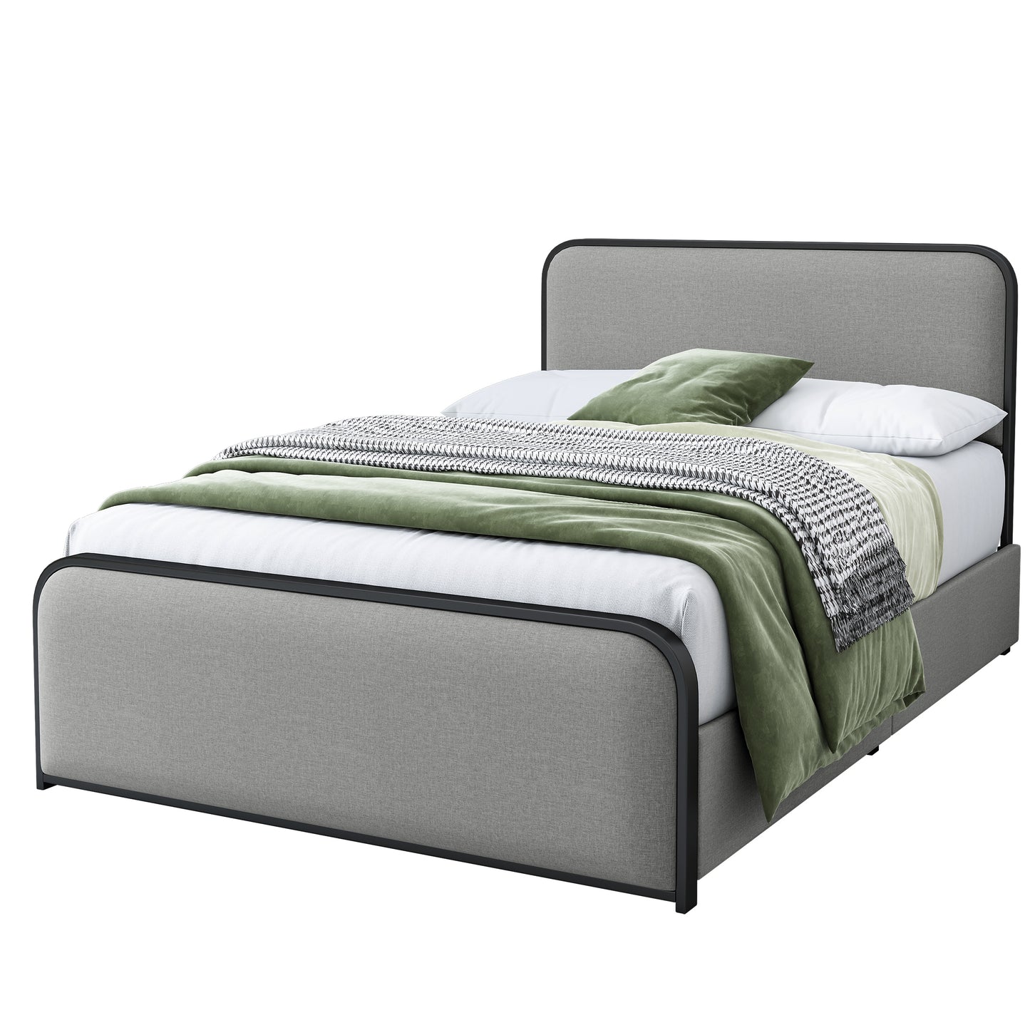 Modern Metal Bed Frame with Curved Upholstered Headboard and Footboard Bed with 4 Storage Drawers, Heavy Duty Metal Slats, Full Size, Grey