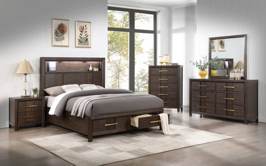 Modern Style King 5PC Storage Bedroom Set Made with Wood, LED Headboard, Bluetooth Speakers & USB Ports - Walnut