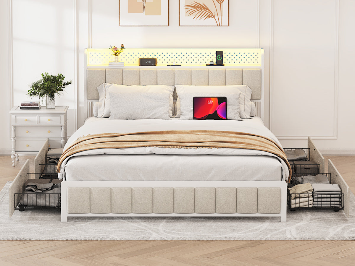 Queen Size Platform Bed with 4 Drawers, Metal Bed Frame with LED Lights and Charging Station, No Box Spring Needed, (Beige),  Noise Free,Easy Assemble.