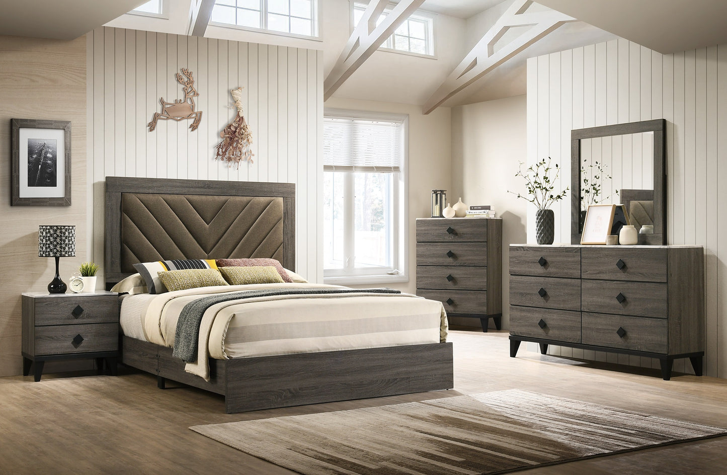 Contemporary 1pc California King Size Bed Bedroom Furniture Upholstered Headboard Rubberwood 1pc Bedframe Gray Finish