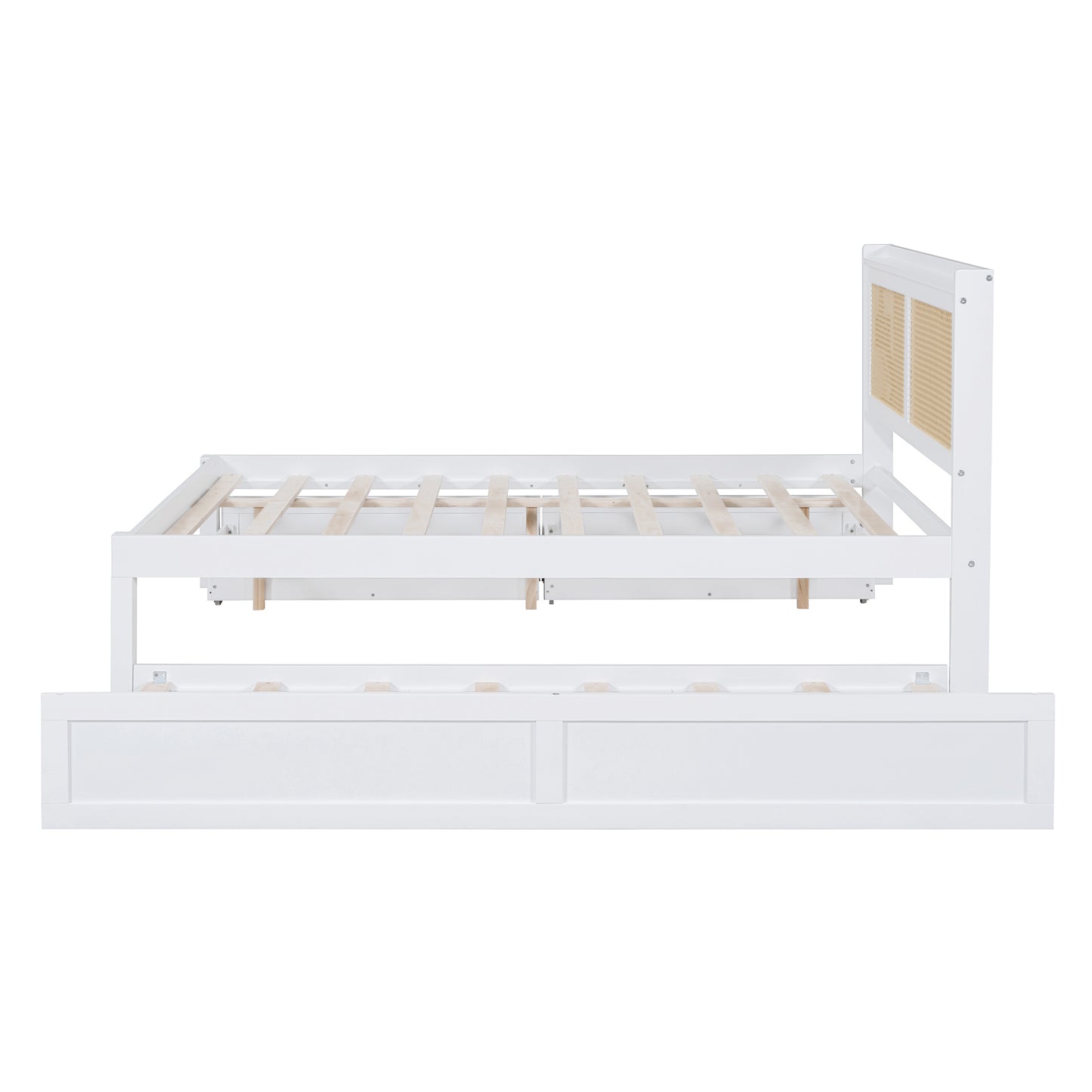 Full Size Elegant Bed Frame with Rattan Headboard and Sockets ,White