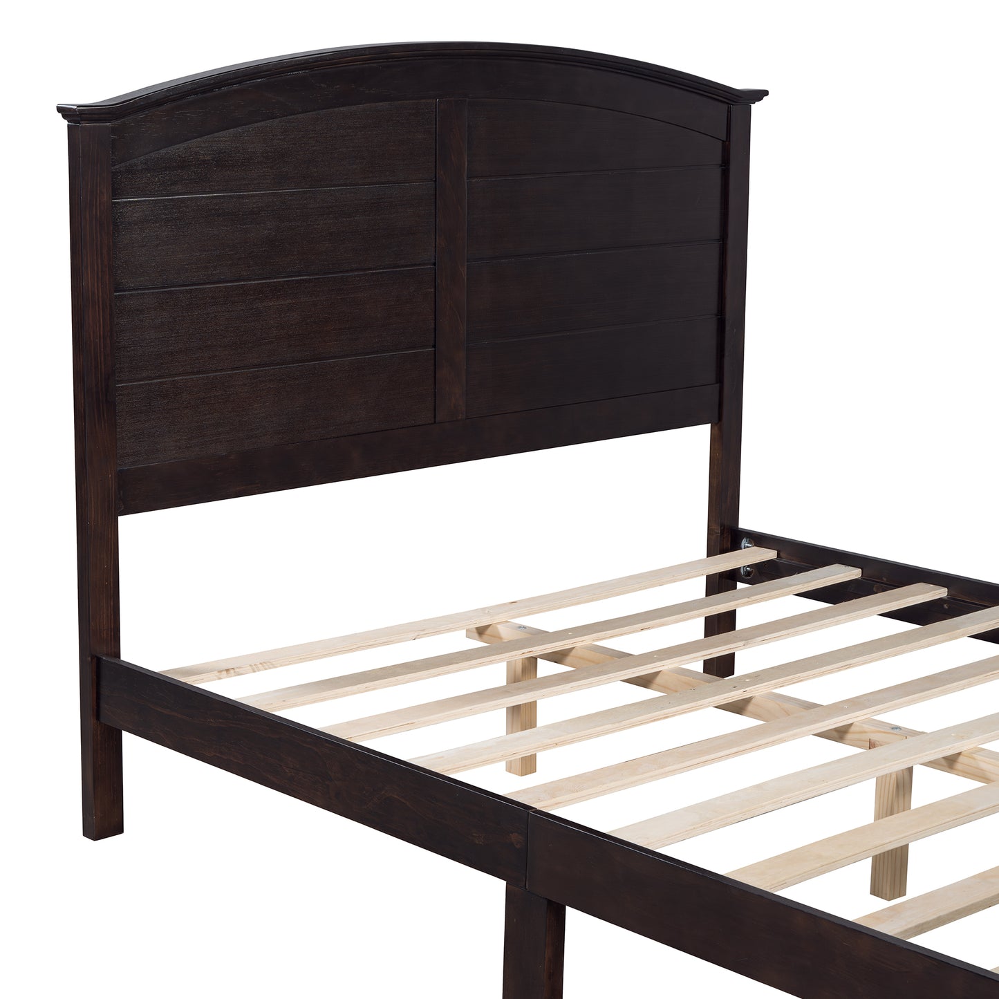 Farmhouse Wooden Platform Queen Size Bed with Curl Design Headboard and Footboard for Teenager, Espresso