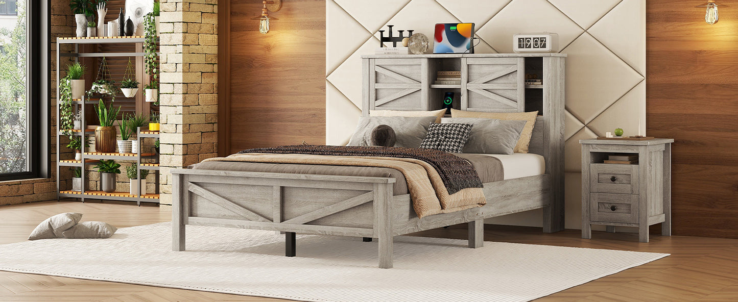 Farmhouse Platform Bed with Double Sliding Barn Door, Full Size Rustic Wood Bed with
Charging Station, Wood Slats Support, Antique Gray