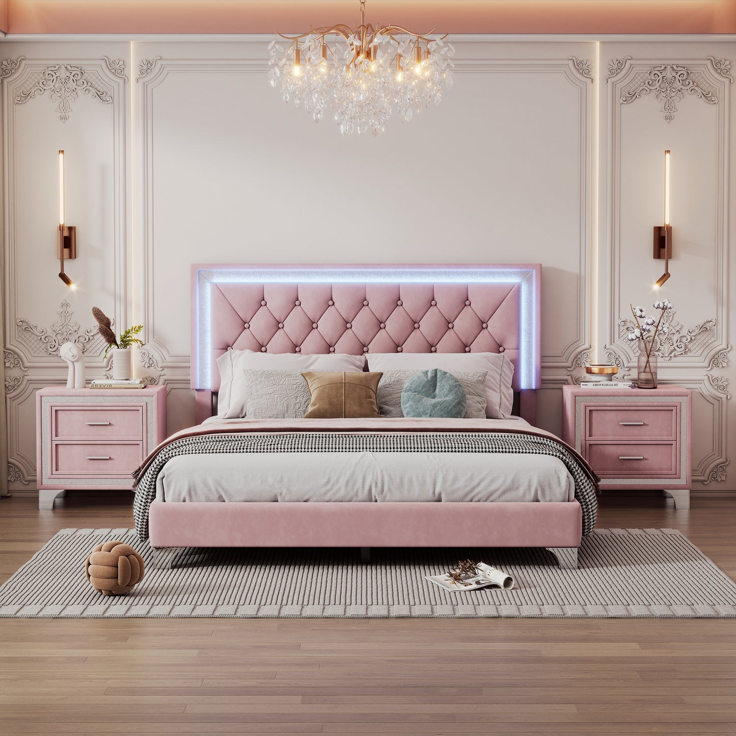 Juego de dormitorio de 3 piezas, cama tamaño queen tapizada con plataforma, luces LED y dos mesitas de noche, color rosa