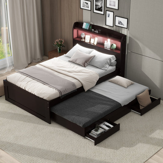 Twin XL Size Platform Bed with Storage LED Headboard, Charging Station, Twin Size Trundle and 2 Drawers, Dark Brown