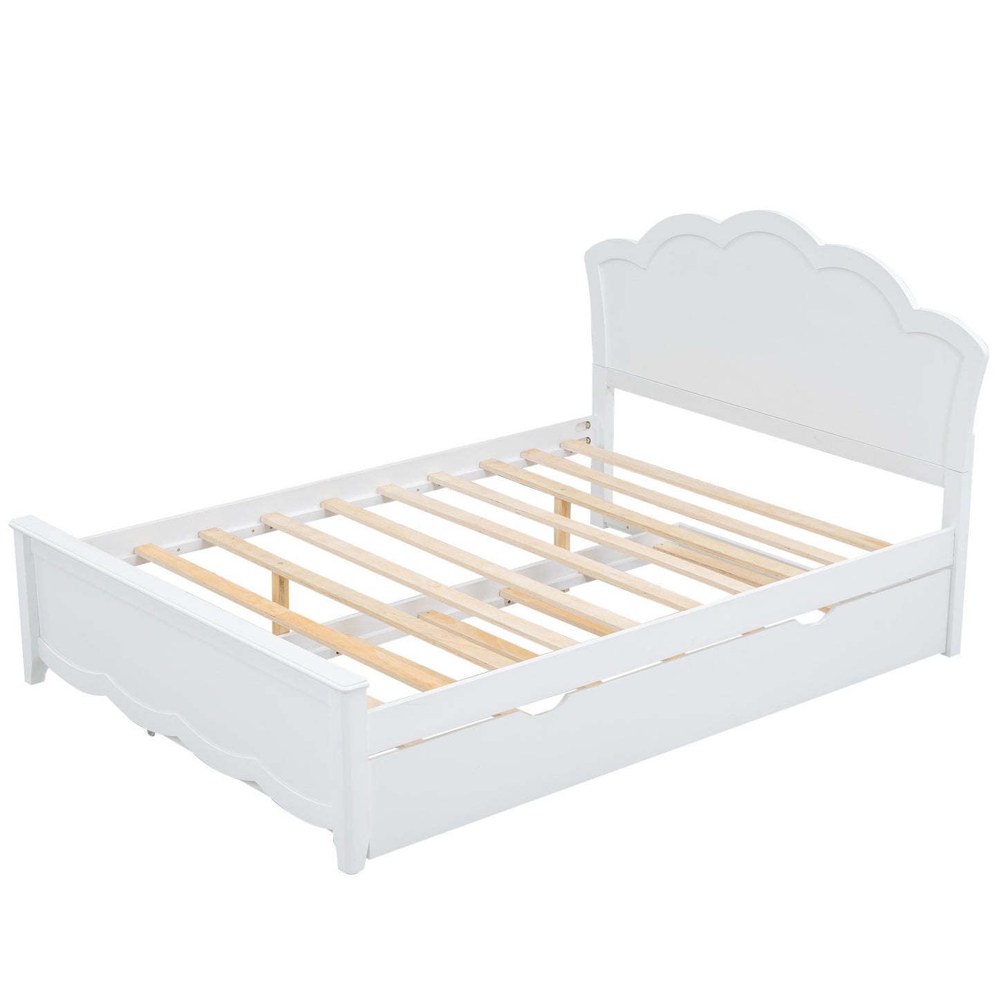 Full Size Wood Platform Bed with Headboard and Twin Size Trundle, White