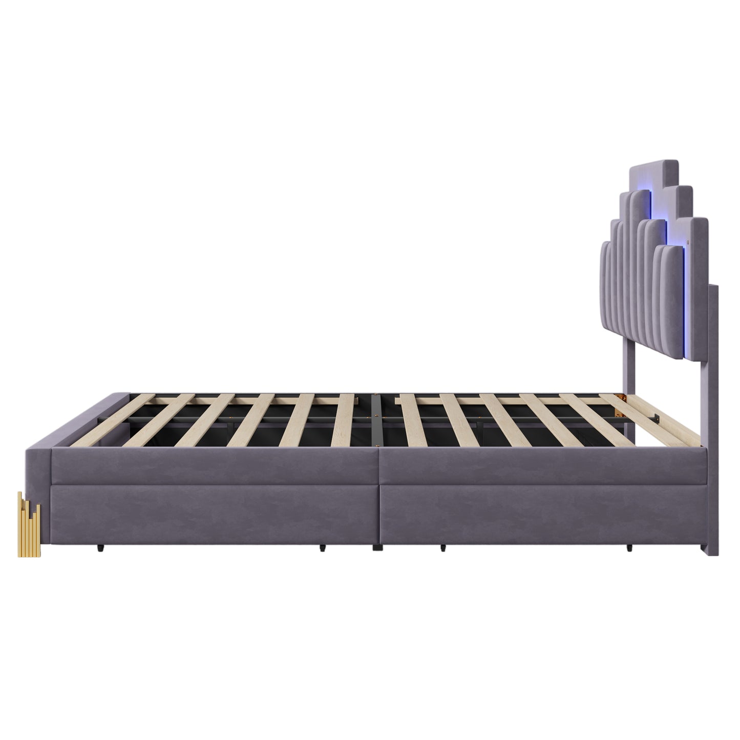 Full Size Upholstered Platform Bed with LED Lights and 4 Drawers, Stylish Irregular Metal Bed Legs Design, Gray