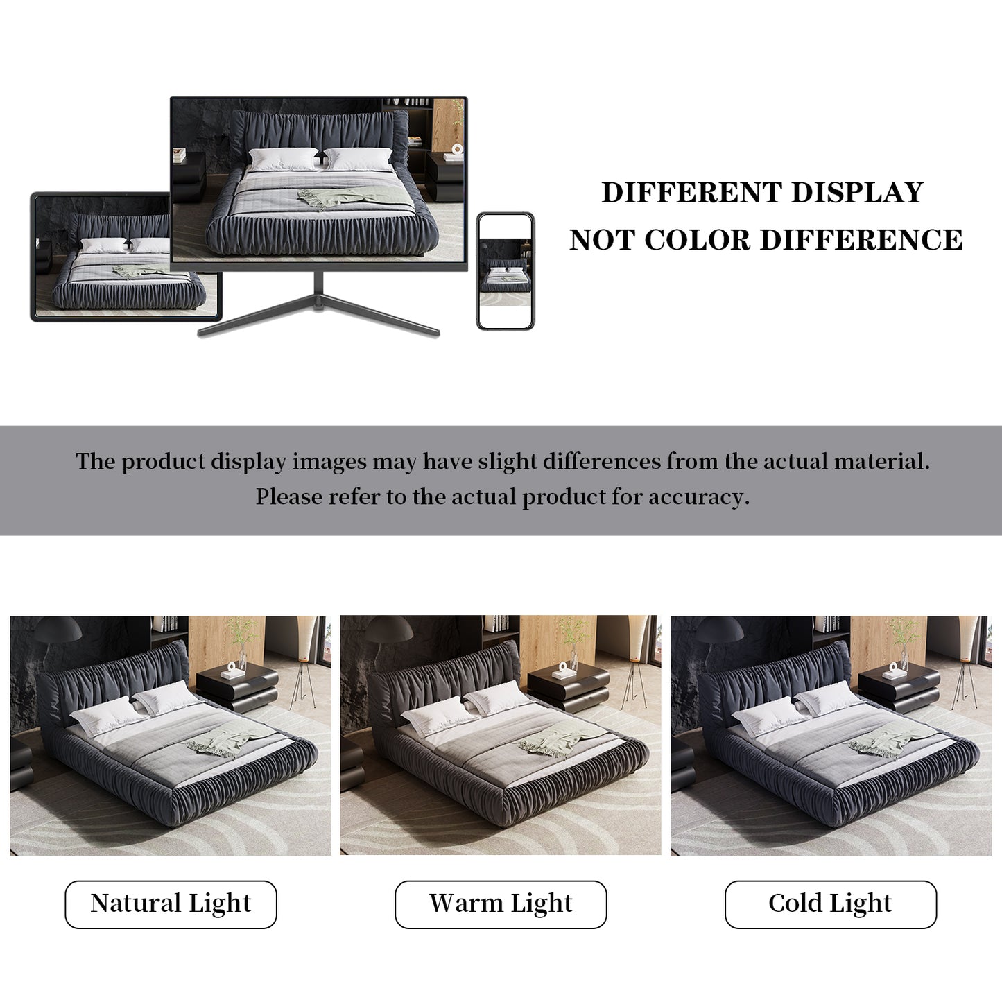 King Size Luxury Upholstered Platform Bed with Removable Cushion and Solid Wood Frame,suitable for Multiple heights of mattresses,DARK GREY