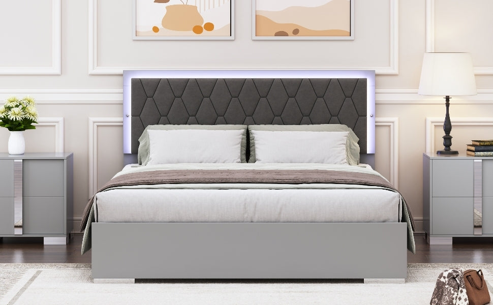 Queen Size Upholstered Bed with LED Lights,Modern Platform Bed with Velvet Headboard,Grey