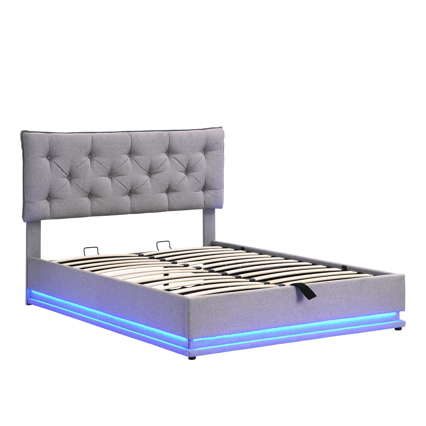 Cama tapizada de tamaño completo con sistema de almacenamiento hidráulico y luz LED, plataforma moderna con cabecera con diseño de botones, gris