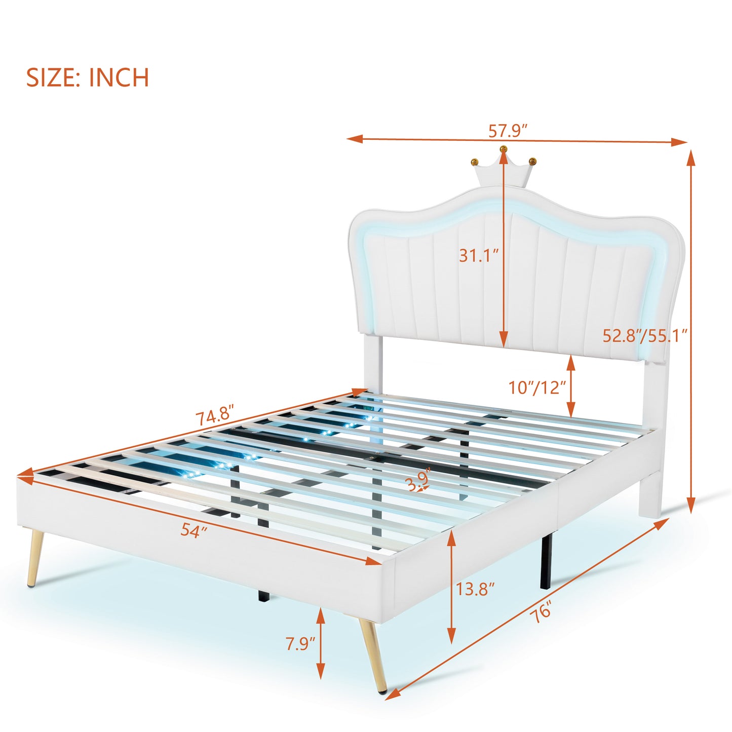 Full Size Upholstered Bed Frame with LED Lights,Modern Upholstered Princess Bed With Crown Headboard,White