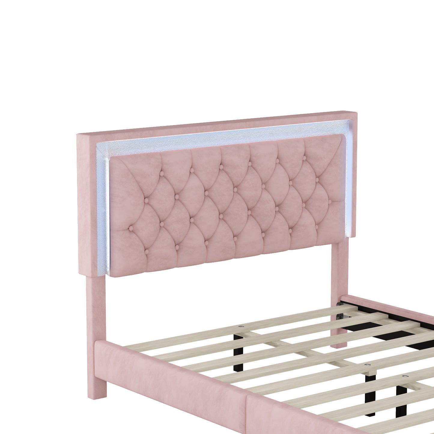 Full Size Upholstered Bed Frame with LED Lights,Modern Velvet Platform Bed with Tufted Headboard,Pink