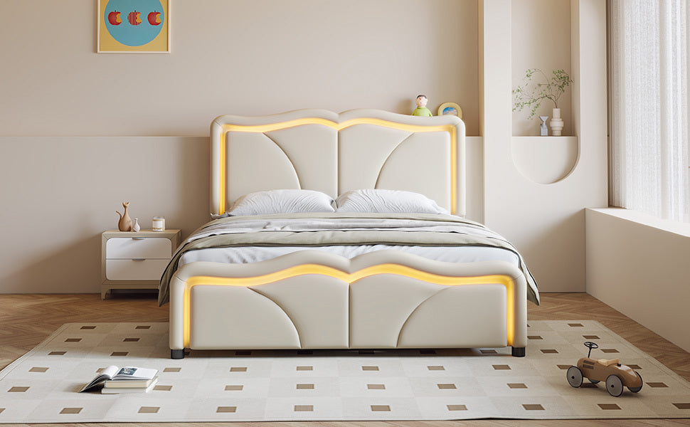 Full Size Upholstered Platform Bed with Curve Shaped and Height-adjustbale Headboard,LED Light Strips,White