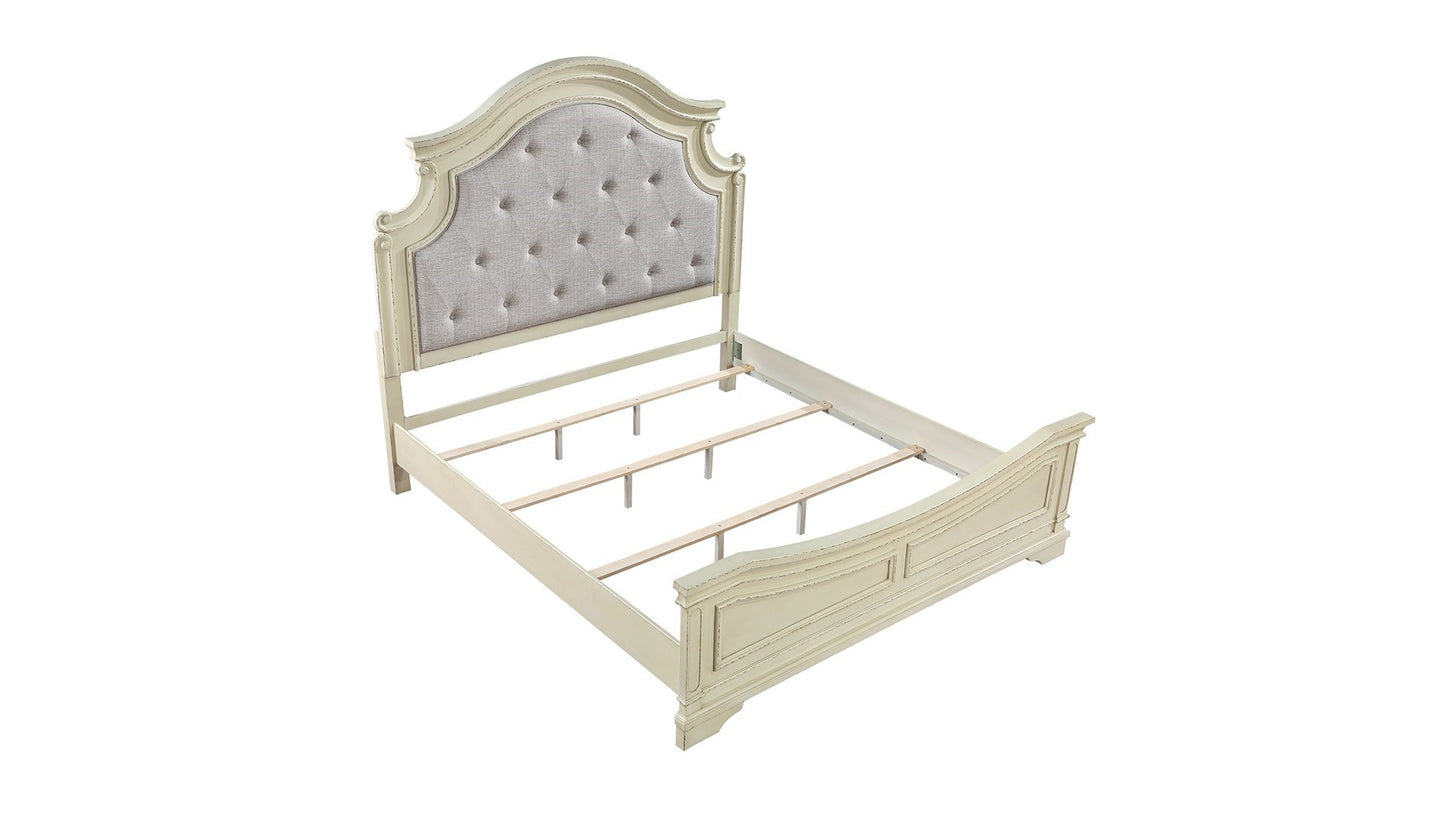 Ensemble de chambre à coucher Queen de style traditionnel 5 pièces avec tête de lit capitonnée à boutons en bois beige antique