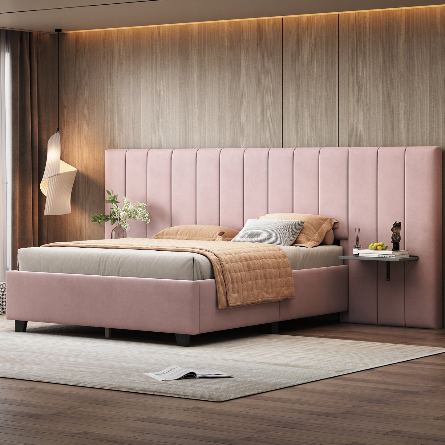 Full Size Upholstered Platform Bed with Big Headboard, Bedroom Furniture, Velvet, Pink