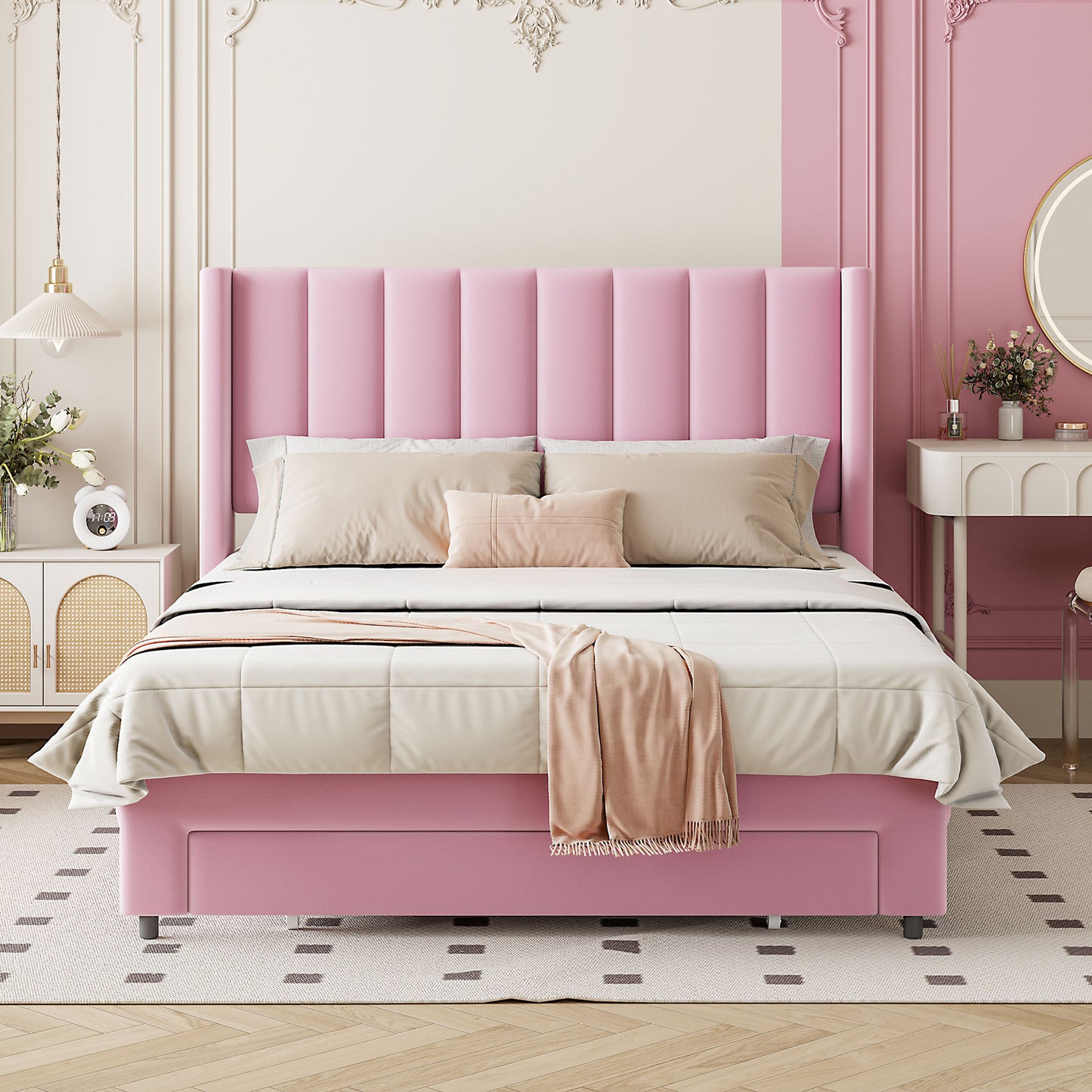 Full Size Storage Bed Velvet Upholstered Platform Bed with a Big Drawer - Pink(old sku:WF296850AAH)