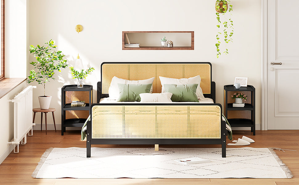 3 Pieces Rattan Platform Full Size Bed With 2 Nightstands,Espresso