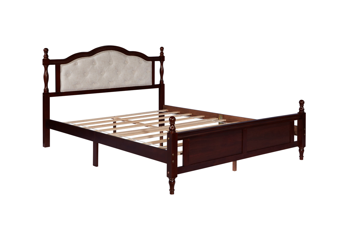 Queen Pine wooden Bed with Upholstered Headboard  and Panel Footboard, with  Two Bed Rail Support Feet and Central Platform Support Feet ,Classic Cherry