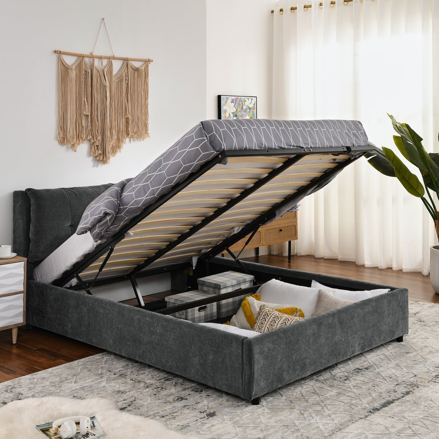 Cama tamaño queen con plataforma hidráulica tapizada, cabecero integrado, tela de chenilla, color gris