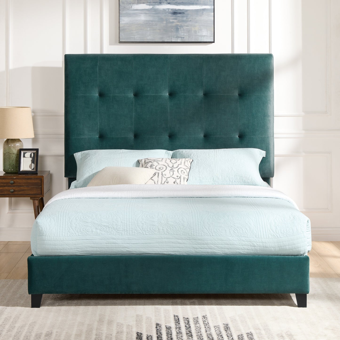 Bridgevine Home Queen Size Green Velvet Tufted Upholstered Platform Bed