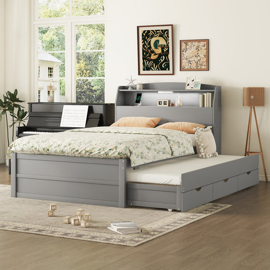 Full Size Wooden LED Platform Bed with Trundle, with Storage Headboard, with Drawers, Gray