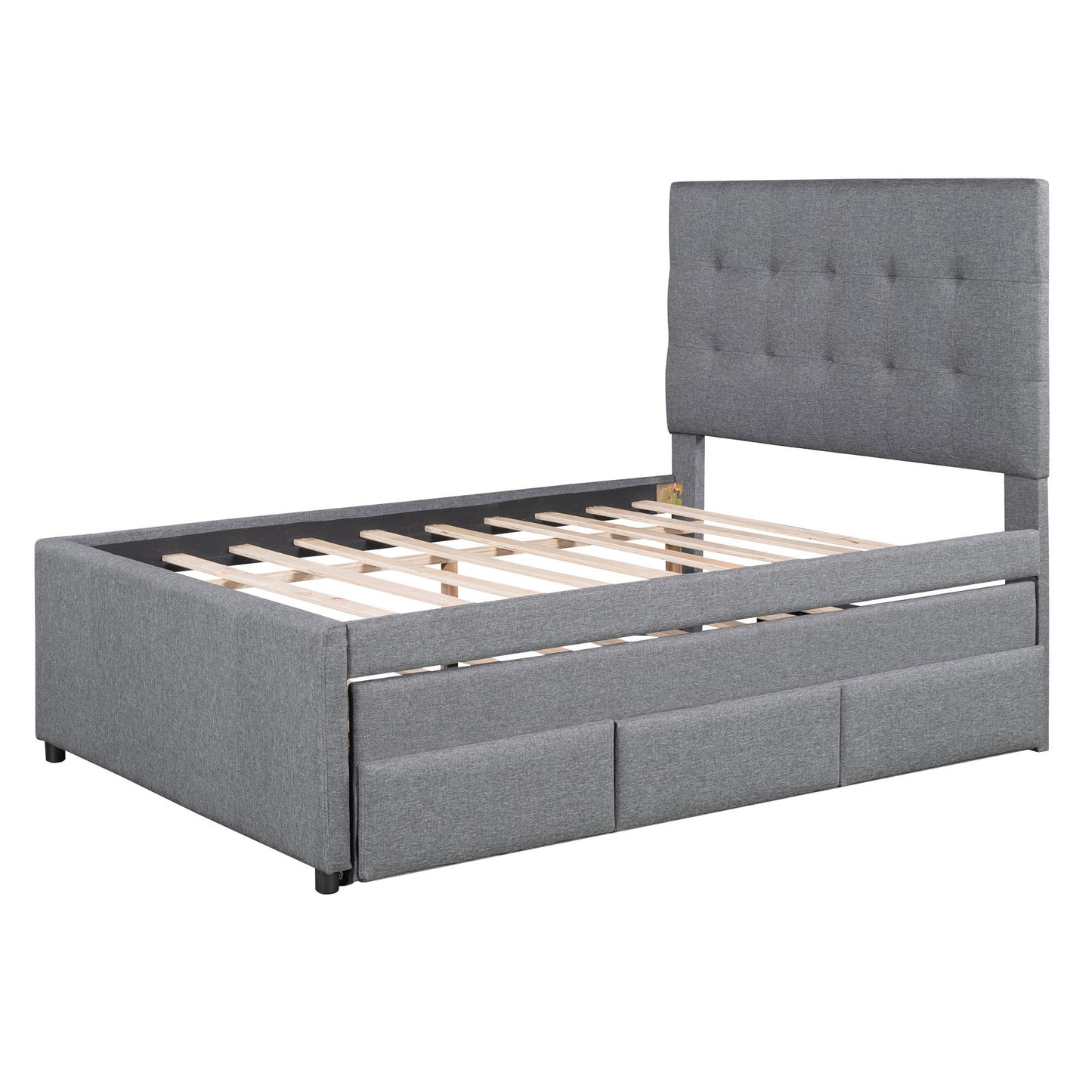 Full Size Upholstered Platform Bed with Pull-out Twin Size Trundle and 3 Drawers, Gray