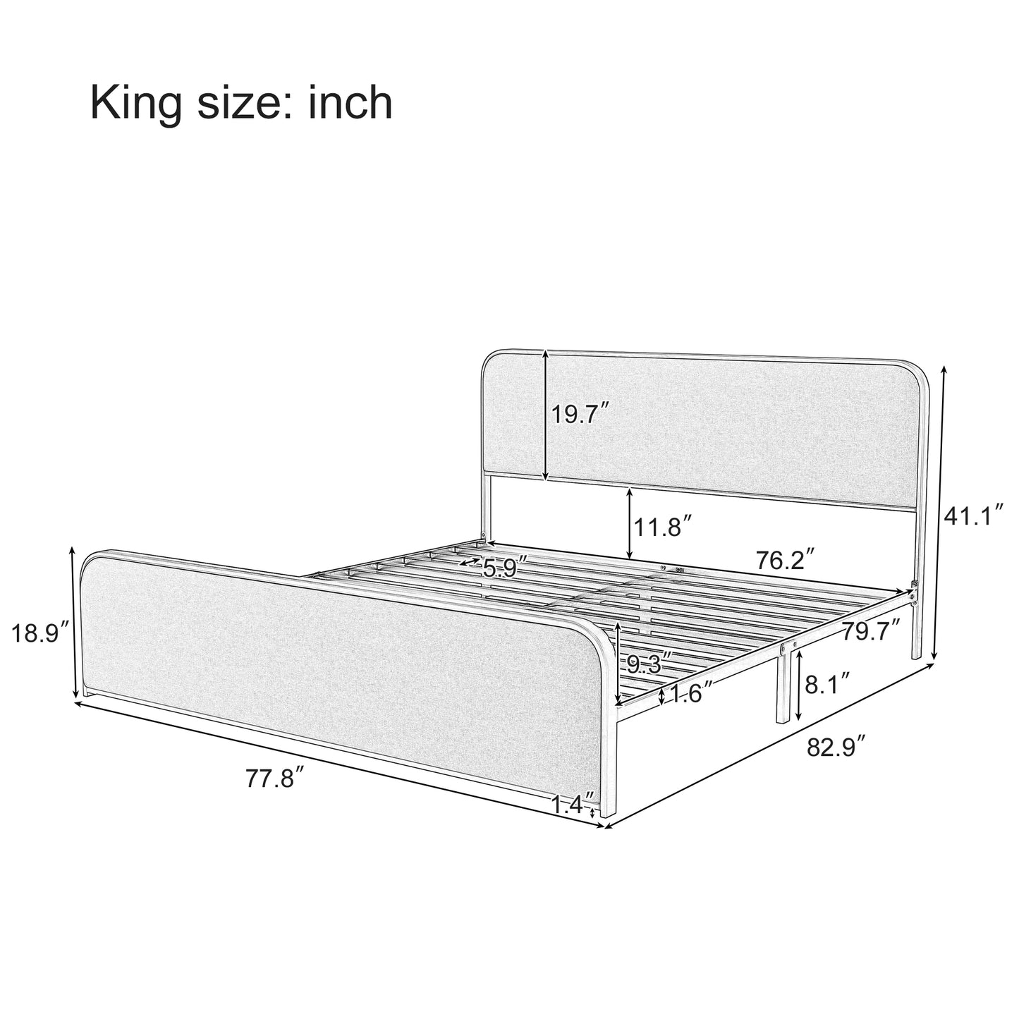 Modern Metal Bed Frame with Curved Upholstered Headboard and Footboard Bed with Under Bed Storage, Heavy Duty Metal Slats, King Size, Grey