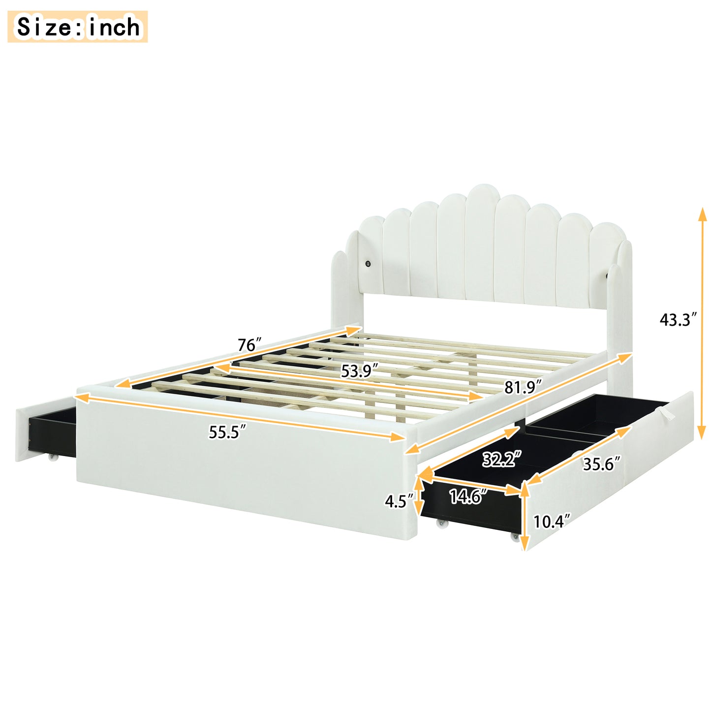 Full Size Upholstered Platform Bed with 4 Drawers and 2 USB, Beige