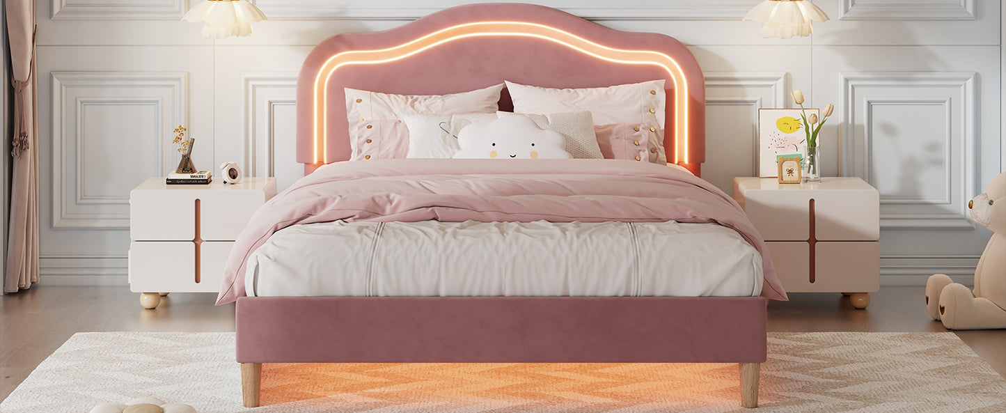 Full Size Velvet Upholstered Smart LED Bed Frame with Adjustable Height Headboard,No Box Spring Needed,Easy Assembly,Pink