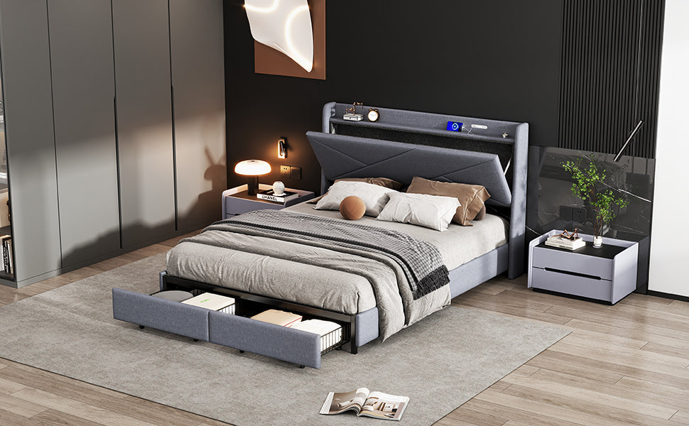 Queen Size Upholstery Platform Bed with Storage Headboard, LED, USB Charging and 2 Drawers, Gray