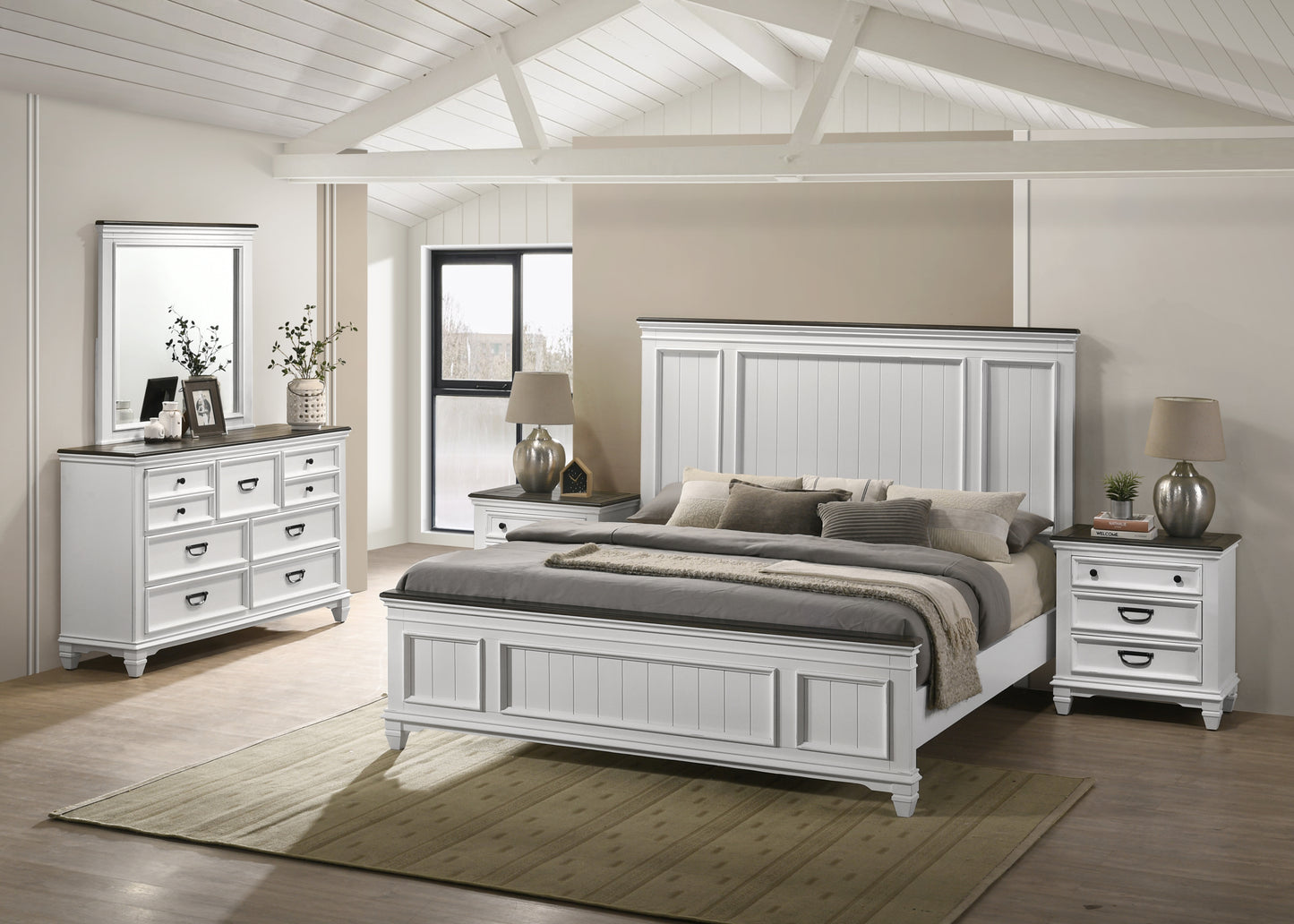 Clelane Wood Bedroom Set with Shiplap Panel King Bed, Dresser, Mirror, and two Nightstands